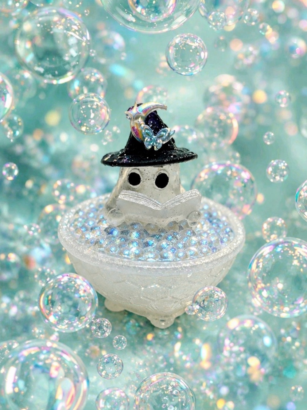 Mystic Bubble Bath Witch reading a book